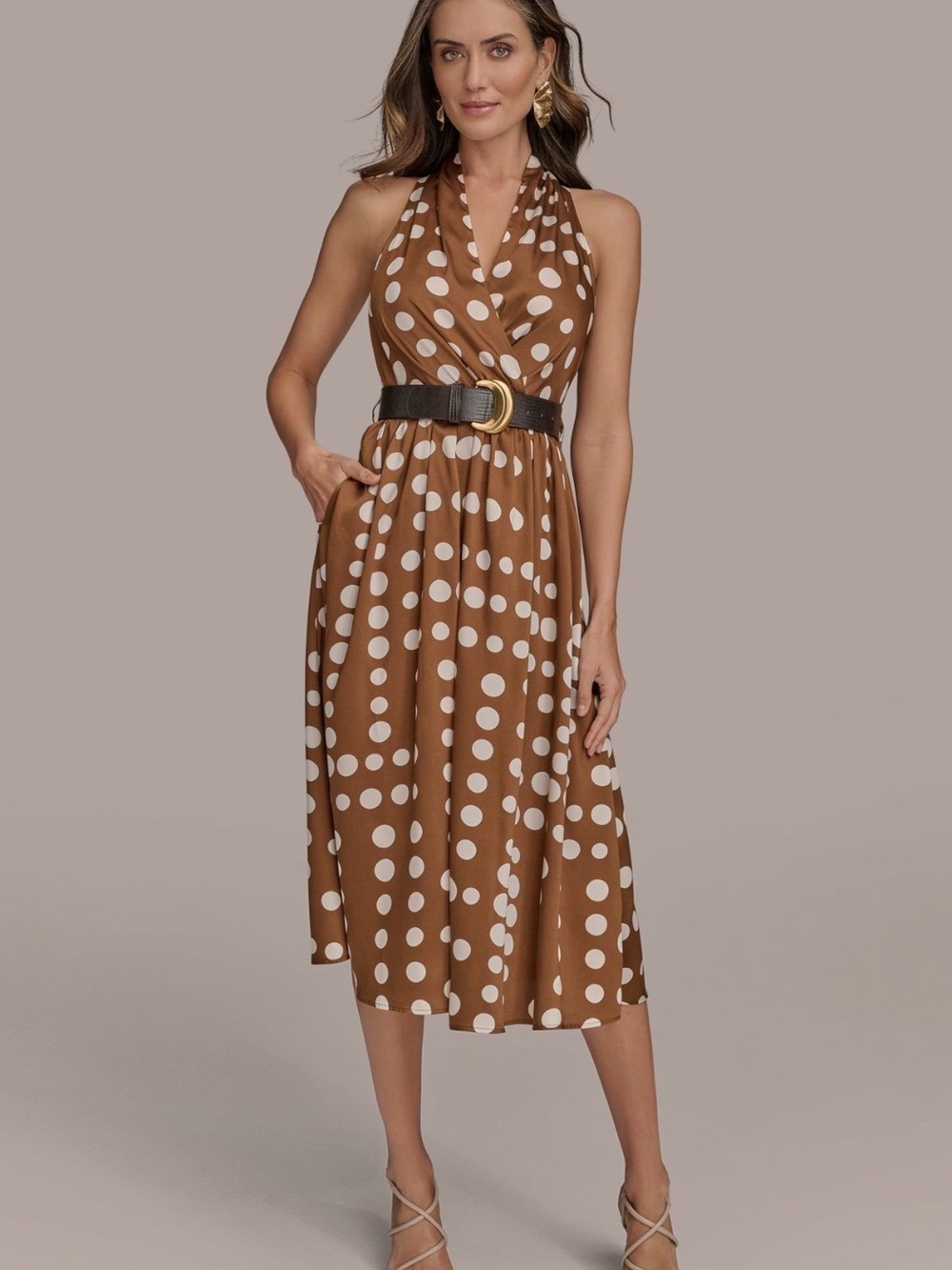 DKNY brown polka dot belted midi dress, size 2, NWT